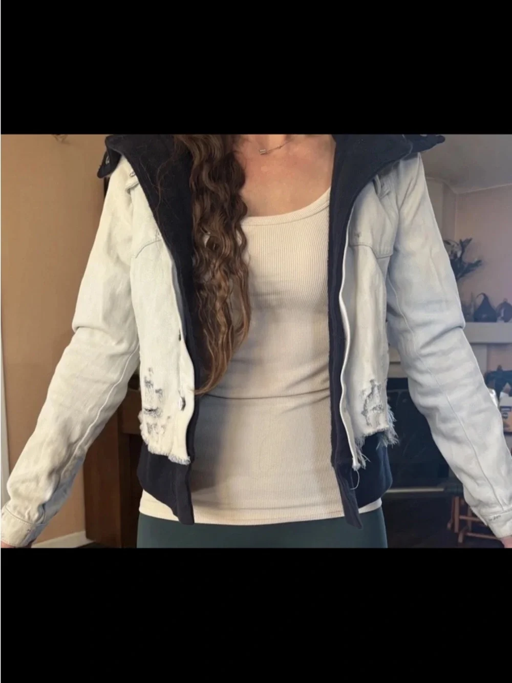 Free People Distressed Denim Jacket with knit Hoodie - Picture 1 of 5